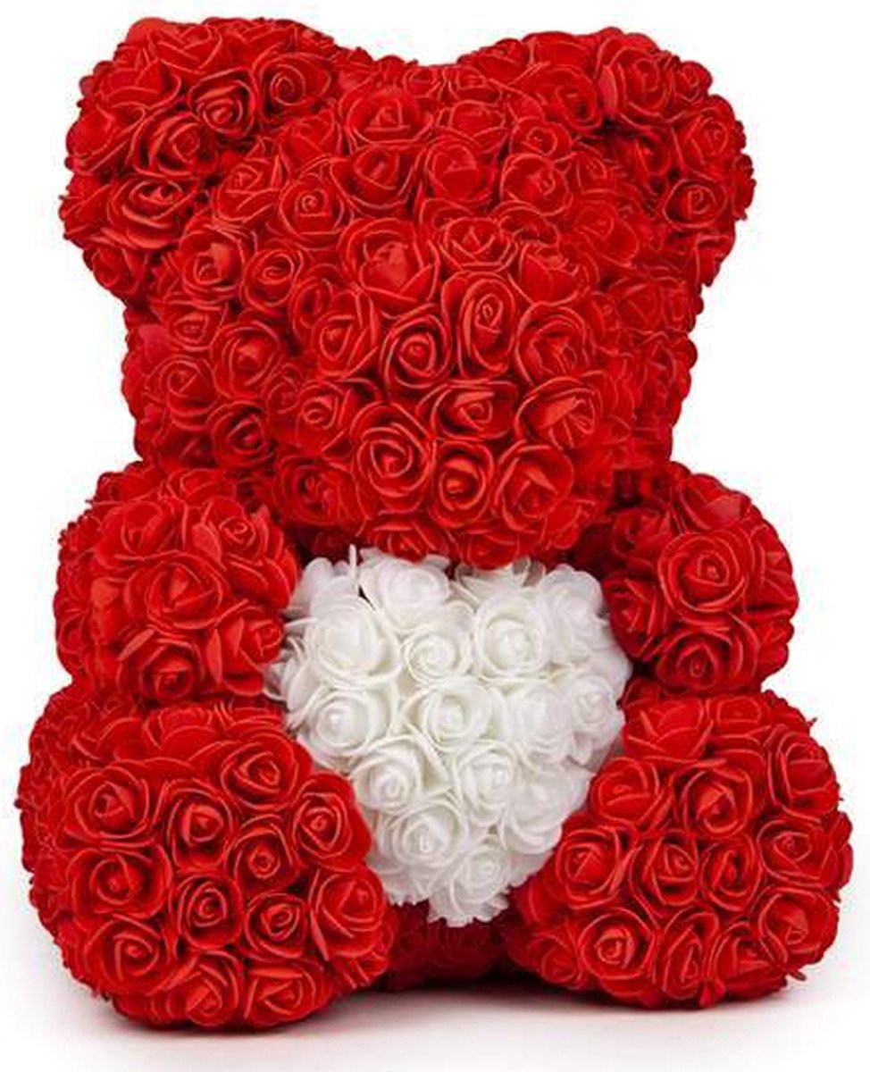 Rozen Beer Rood met Wit Hart 30 cm {Rozen liefdes Teddybeer voor jou geliefde! Rose Bear Knuffelbeer gemaakt van roosjes – I Love You beer met hartje – Sinterklaas Kerst Cadeau | Rose Bear Heart 30cm}